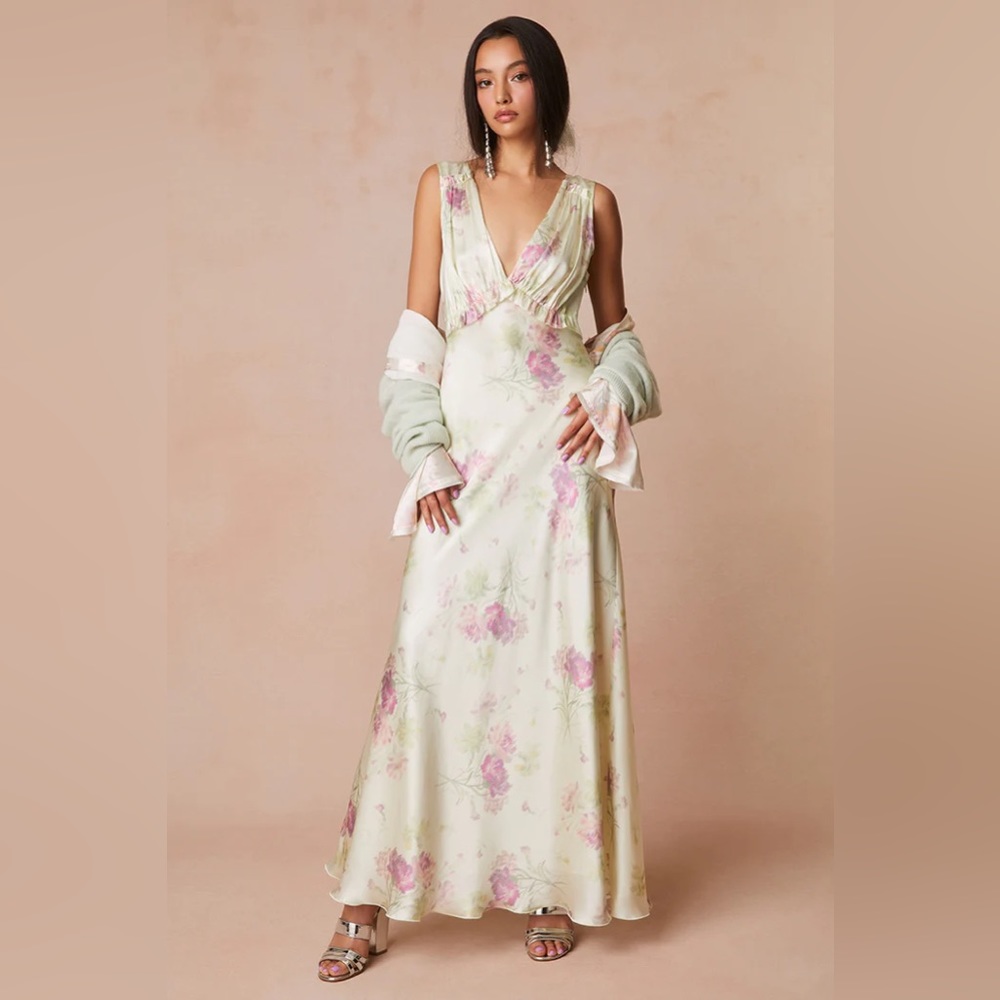 LoveShackFancy Pale Yellow Maxi Dress with Pink Floral Print